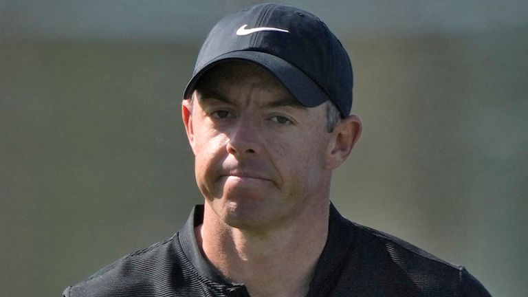 Rory McIlroy, of Northern Ireland, reacts after his shot went into the water on the 18th hole during the first round of The Players Championship golf tournament Thursday, March 14, 2024, in Ponte Vedra Beach, Fla. (AP Photo/Lynne Sladky)