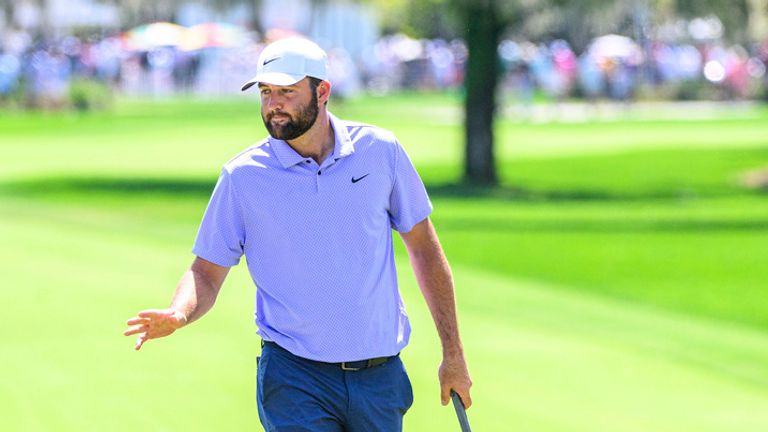 March 10, 2024: Scottie Scheffler reacts after making his birdie putt on #1 during final round of the Arnold Palmer Invitational presented by Mastercard held at Arnold Palmer&#39;s Bay Hill Club & Lodge in Orlando, FL. Romeo T Guzman/CSM.(Credit Image: .. Romeo Guzman/Cal Sport Media) (Cal Sport Media via AP Images)