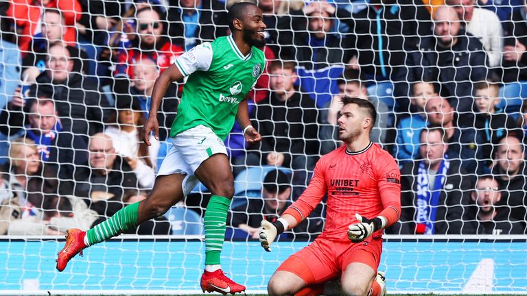 Myziane Maolida celebrates after equalising for Hibs at Rangers