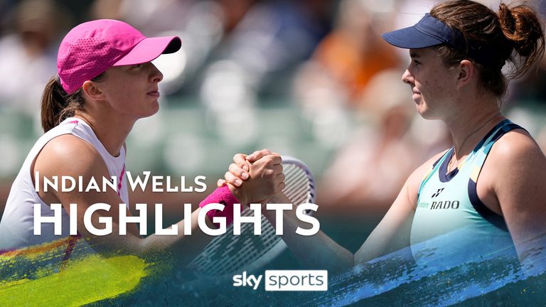 Iga Swiatek, of Poland, left, shakes hands with Linda Noskova, of the Czech Republic, after Swiatek defeated Noskova at the BNP Paribas Open tennis tournament in Indian Wells, Calif., Sunday, March 10, 2024. 