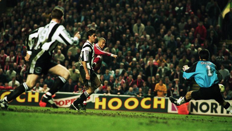 Stan Collymore scores against Newcastle in April 1996