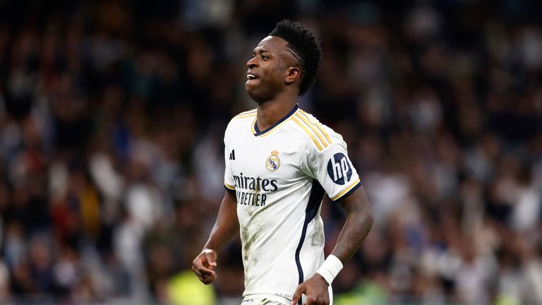 Vinicius Junior of Real Madrid celebrates an own goal scored by Carlos Dominguez of Celta de Vigo during the Spanish League, LaLiga EA Sports, football match played between Real Madrid and RC Celta de Vigo at Santiago Bernabeu stadium on March 10, 2024, in Madrid, Spain. AFP7 10/03/2024 (Europa Press via AP)