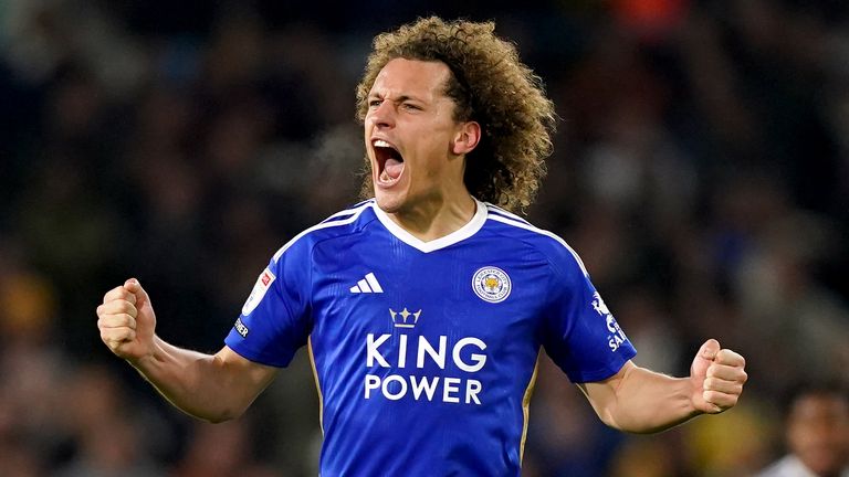 Wout Faes celebrates scoring for Leicester vs Leeds 