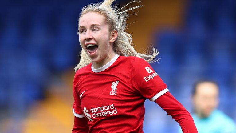 Missy Bo Kearns celebrates after scoring Liverpool's second goal against West Ham