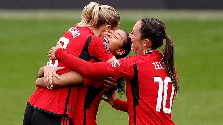 Lisa Nallsund is congratulated after scoring against Bristol City