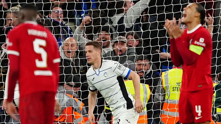 Atalanta's Mario Pasalic celebrates scoring their third goal against Liverpool