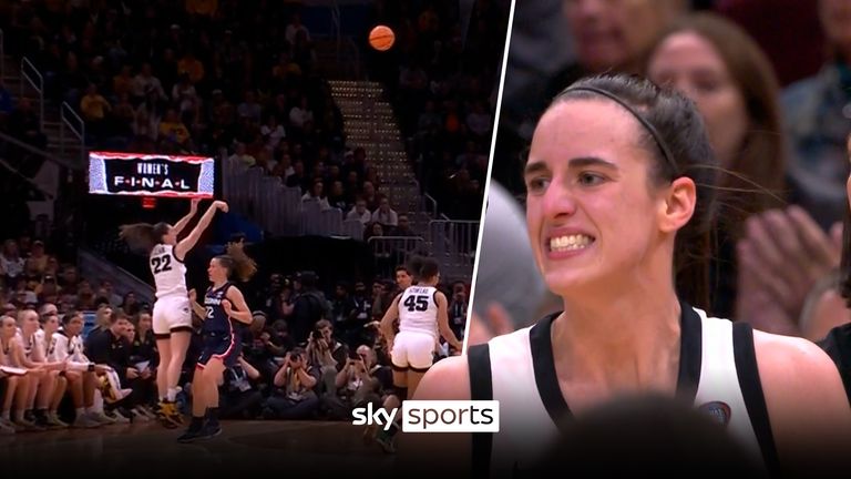 The Iowa Hawkeyes' Caitlin Clark made this superb four-point play against UCONN, taking the contact after putting up the three-point attempt.