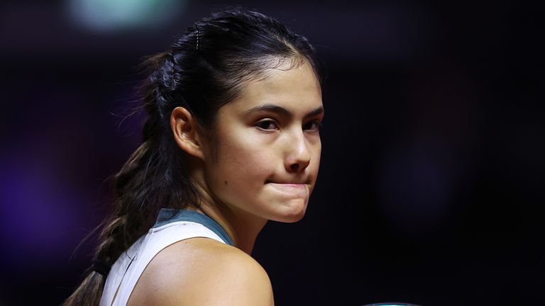 Emma Raducanu of Great Britain looks on against Iga Swiatek of Poland during the quarter-final match on day five of the Porsche Tennis Grand Prix Stuttgart 2024 at Porsche Arena on April 19, 2024 in Stuttgart, Germany. (Photo by Alex Grimm/Getty Images)