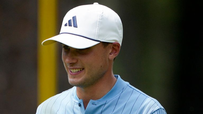 Ludvig Aberg, of Sweden, waves after making a putt on the first hole during the third round of the RBC Heritage golf tournament, Saturday, April 20, 2024, in Hilton Head Island, S.C. (AP Photo/Chris Carlson)