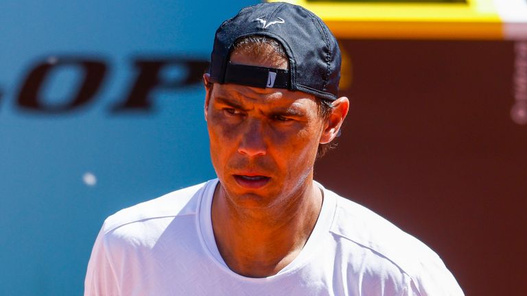 Rafael Nadal of Spain practices during the Mutua Madrid Open 2024, ATP Masters 1000 and WTA 1000, tournament celebrated at Caja Magica on April 24, 2024 in Madrid, Spain. AFP7 24/04/2024 (Europa Press via AP)