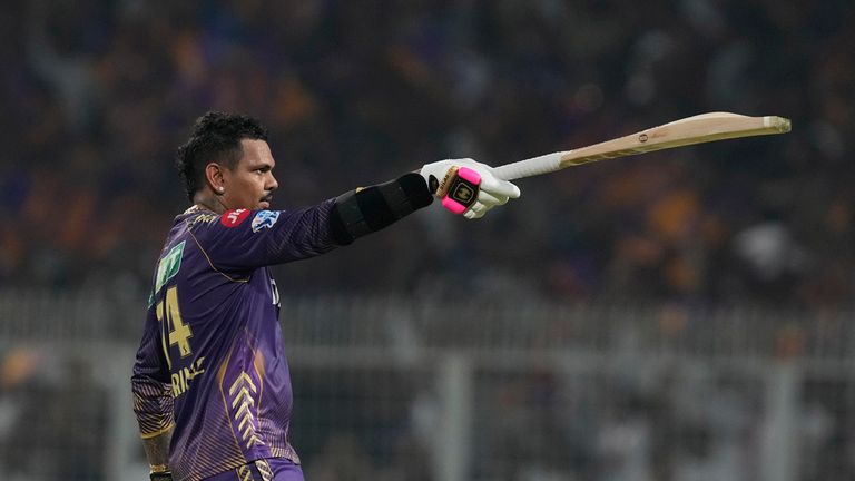 Kolkata Knight Riders&#39; Sunil Narine celebrates scoring a century during the Indian Premier League cricket match between Kolkata Knight Riders and Rajasthan Royals in Kolkata, India, Tuesday, April 16, 2024. (AP Photo/Bikas Das)