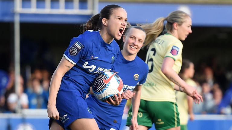 Guro Reiten celebrates after scoring Chelsea's first goal against Bristol City