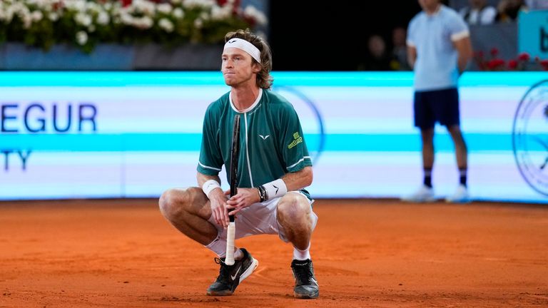 Andrey Rublev, of Russia, reacts during a final match against Felix Auger-Aliassime, of Canada, at the Madrid Open tennis tournament in Madrid, Spain, Sunday, May 5, 2024. (AP Photo/Manu Fernandez)