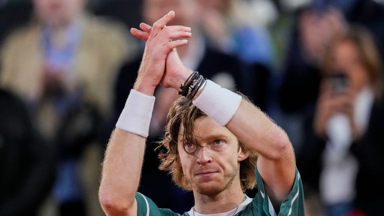 Andrey Rublev, of Russia, celebrates after winning a match against Carlos Alcaraz,