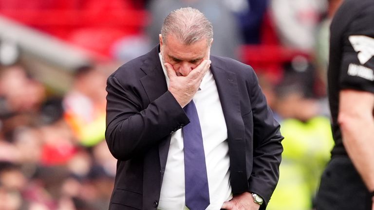 Spurs manager Ange Postecoglou during the 4-2 defeat at Anfield