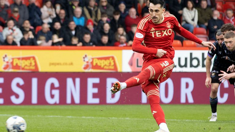 ABERDEEN, SCOTLAND - MAY 04: Bojan Miovski scores a penalty, making it 1-0 during a cinch Premiership match between Aberdeen and St Johnstone at Pittodrie Stadium, on May 04, 2024, in Aberdeen, Scotland. (Photo by Alan Harvey / SNS Group)