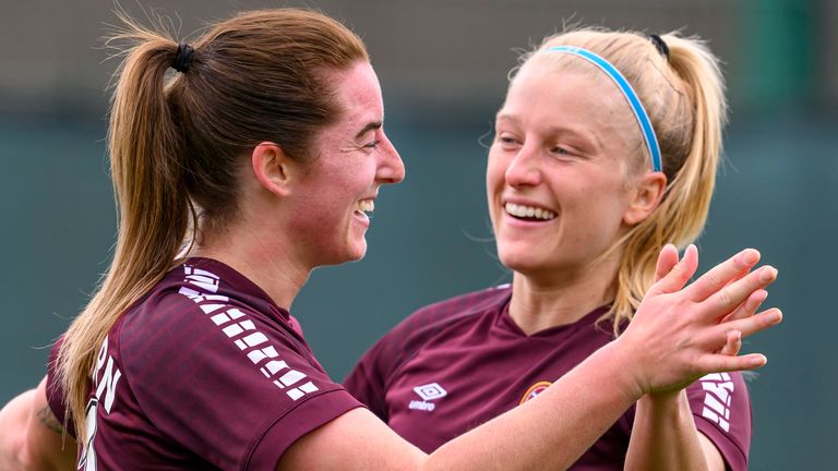 Kathleen McGovern of Hearts celebrates scoring her first goal with Katie Lockwood (ScottishPower Women’s Premier League | Malcolm Mackenzie)