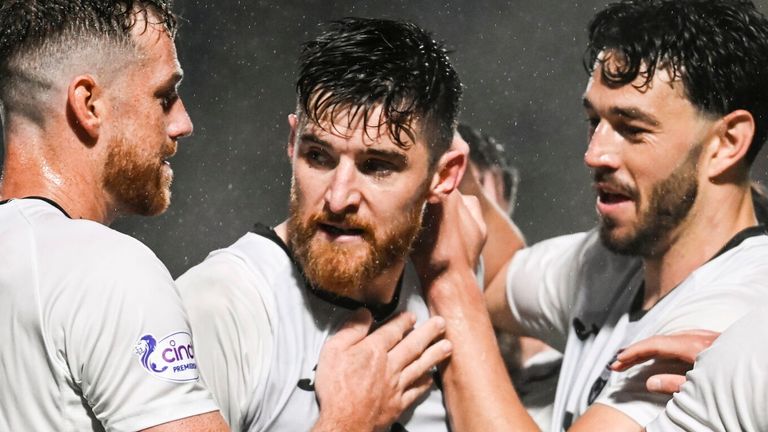 KIRKCALDY, SCOTLAND - MAY 23: Ross County's Jack Baldwin celebrates with Jordan White, Will Nightingale and Connor Randall after scoring to make it 2-0 during a cinch Premiership play-off final first leg match between Raith Rovers and Ross County at Starks Park, on May 23, 2024, in Kirkcaldy, Scotland. (Photo by Rob Casey / SNS Group)