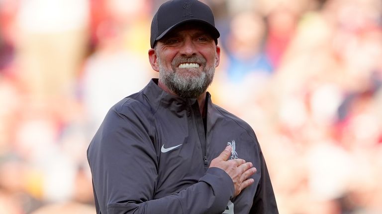 Jurgen Klopp gestures to supporters following the 4-2 win over Spurs at Anfield