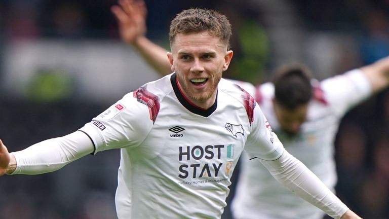 Max Bird celebrates after scoring Derby's opening goal against Carlisle