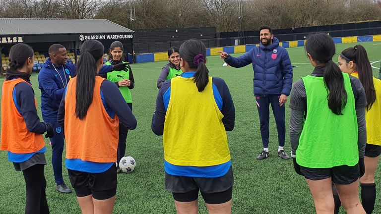 England youth coach Michael Johnson and talent developer Jas Batt lead session at Sporting Khalsa FC