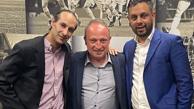 David Clowes (middle) Sky Sports' Dev Trehan and Punjabi Rams founder Pav Samra either side