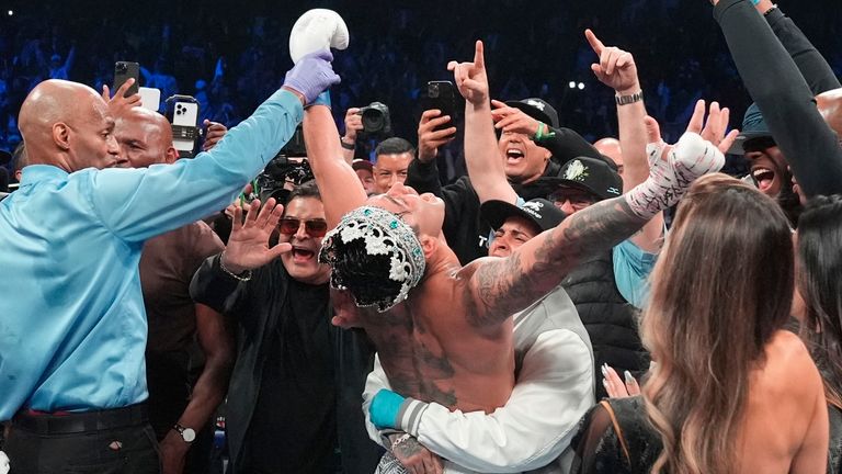 Ryan Garcia celebrates after winning a super lightweight boxing match against Devin Haney early Sunday, April 21, 2024, in New York. (AP Photo/Frank Franklin II)