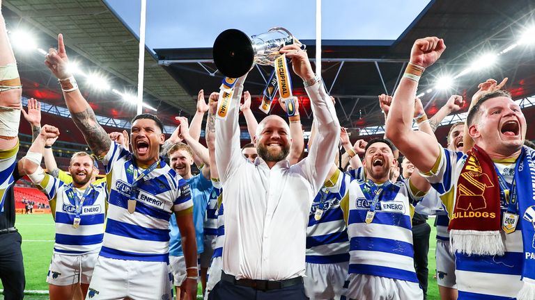 Picture by Will Palmer/SWpix.com - 12/08/2023 - Rugby League - AB Sundecks 1895 Cup Final - Batley Bulldogs v Halifax Panthers - Wembley Stadium, London, England - Halifax Panthers Head Coach Simon Grix lifts the AB Sundecks 1895 Cup trophy after victory over Batley Bulldogs in the final.