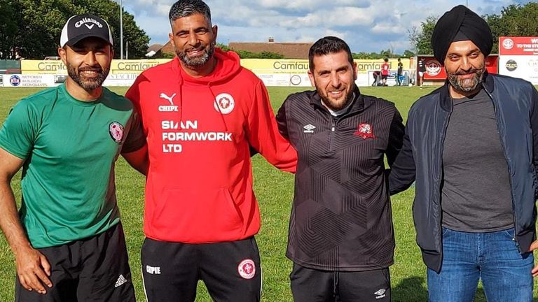 Representatives of Sporting Bengal United, Punjab United, Leicester Nirvana and Sporting Khalsa gather at a tournament