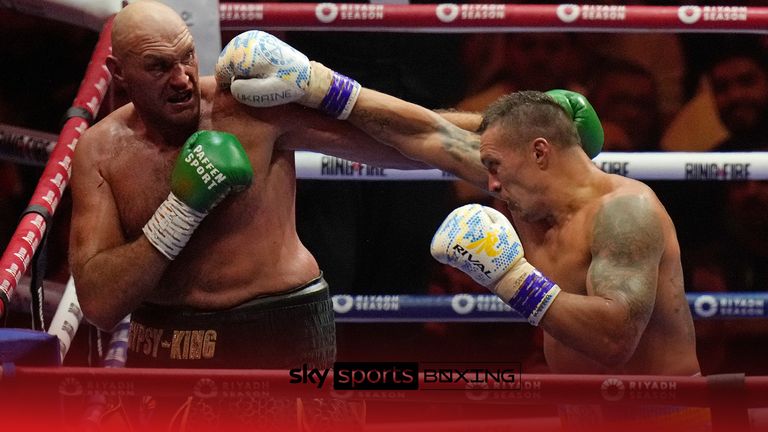 Britain&#39;s Tyson Fury, left, and Ukraine&#39;s Oleksandr Usyk trade blows during their undisputed heavyweight world championship boxing fight at the Kingdom Arena in Riyadh, Saudi Arabia, Sunday, May 19, 2024. (AP Photo/Francisco Seco)