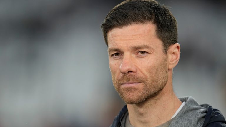 Leverkusen&#39;s head coach Xabi Alonso talks to media before the Europa League quarterfinal second leg soccer match between West Ham and Bayer 04 Leverkusen in London, Thursday, April 18, 2024.(AP Photo/Kin Cheung)