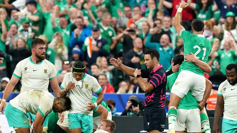 Ireland's Conor Murray celebrates with team-mate after victory in the Rugby World Cup 2023, Pool B match at the Stade de France in Paris, France. Picture date: Saturday September 23, 2023.