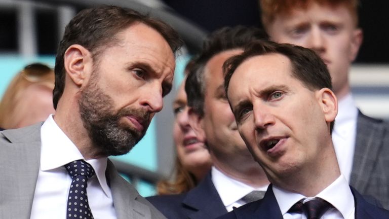 England manager Gareth Southgate and FA chief executive Mark Bullingham (right) can be seen during the Emirates FA Cup final at Wembley Stadium, London. Picture date: Saturday May 25, 2024.