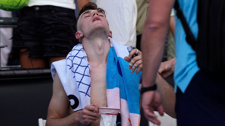 Jack Draper of Britain reacts after defeating Marcos Giron of the U.S. in their first round match at the Australian Open tennis championships at Melbourne Park, Melbourne, Australia, Tuesday, Jan. 16, 2024. (AP Photo/Alessandra Tarantino)