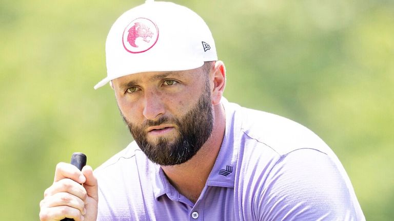 Captain Jon Rahm of Legion XIII reads his putt on the sixth green during the first round of LIV Golf Houston at Golf Club of Houston on Friday, June 07, 2024 in Humble, Texas. (Photo by Chris Trotman/LIV Golf via AP)