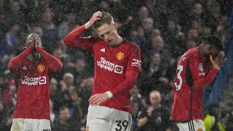 Manchester United players react after referee award a penalty to Chelsea during the English Premier League soccer match between Chelsea and Manchester United at Stamford Bridge in London, Thursday, April 4, 2024. (AP Photo/Kin Cheung)