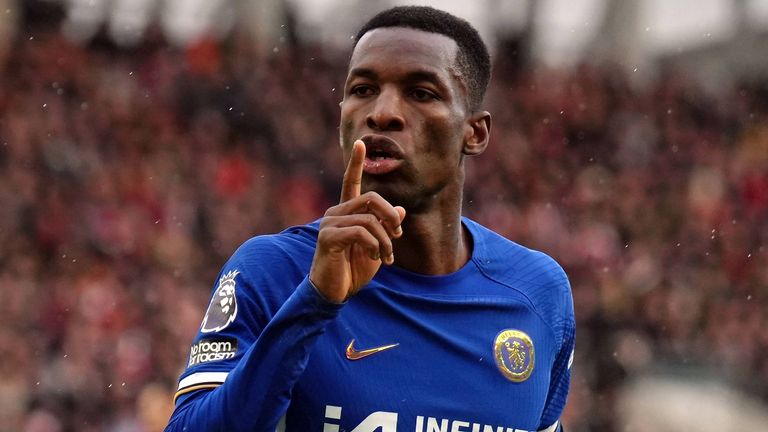 Nicolas Jackson celebrates after scoring Chelsea's opening goal against Brentford