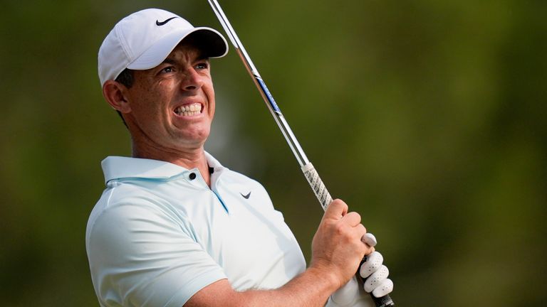 Rory McIlroy, of Northern Ireland, watches his tee shot on the 15th hole during the final round of the U.S. Open golf tournament Sunday, June 16, 2024, in Pinehurst, N.C. (AP Photo/Frank Franklin II)