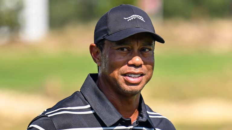 PINEHURST, NORTH CAROLINA - JUNE 09:  Tiger Woods smiles on the range during practice for the U.S. Open on the No. 2 Course at Pinehurst Resort on June 9, 2024, in Pinehurst, North Carolina. (Photo by Keyur Khamar/PGA TOUR via Getty Images)