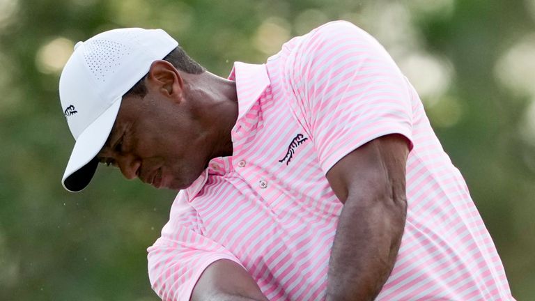 Tiger Woods hits his tee shot on the 11th hole during the first round of the U.S. Open golf tournament Thursday, June 13, 2024, in Pinehurst, N.C. (AP Photo/Matt York)