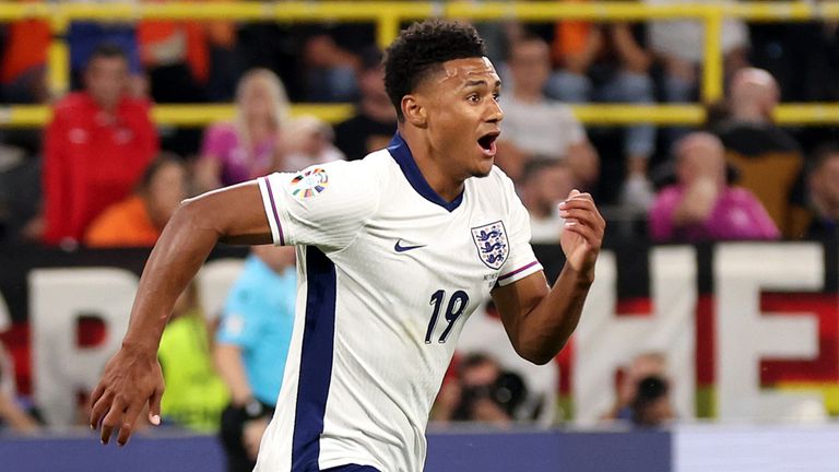 Ollie Watkins celebrates after giving England the lead against the Netherlands