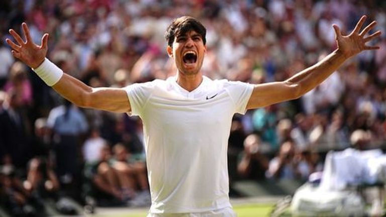 Carlos Alcaraz celebrates victory against Novak Djokovic (not pictured) in the Gentlemen's Singles Final on day fourteen of the 2024 Wimbledon Championships at the All England Lawn Tennis and Croquet Club, London. Picture date: Sunday July 14, 2024.