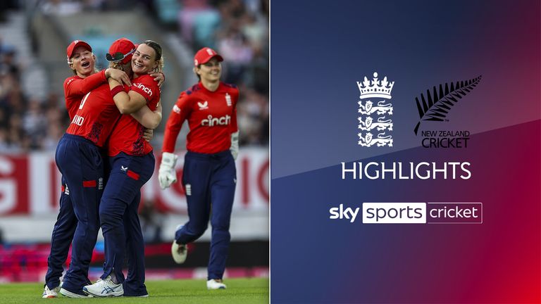 England�s Women�s Danielle Gibson (centre) celebrates with teammates after bowling out New Zealand Women�s Sophie Devine (not in picture) during the fourth T20 International at The Kia Oval, London. Picture date: Saturday July 13, 2024.