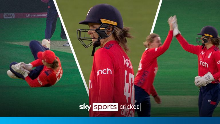 Watch Amy Jones&#39; two phenomenal catches for England in their Women&#39;s T20 match against New Zealand.