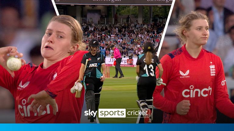 England&#39;s Charlie Dean claims a spectacular two wickets in three balls in her side&#39;s T20 clash against New Zealand. 