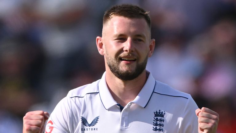 England bowler Gus Atkinson celebrates after taking the wicket of Gudakesh Motie during day one of the 3rd Test Match between England and West Indies 