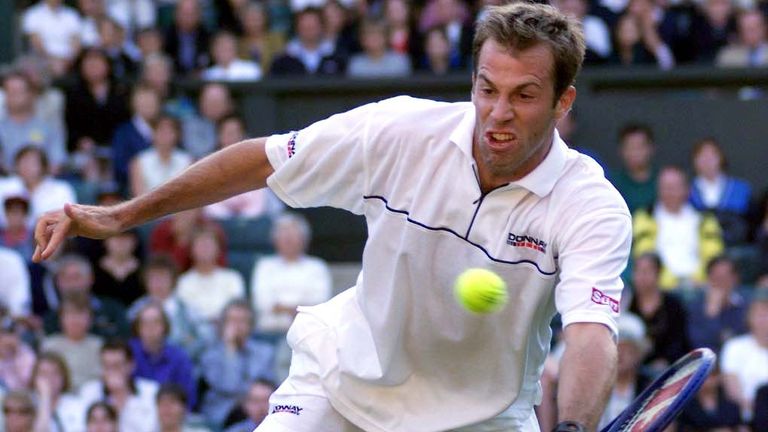 Greg Rusedski in action during his match against Sweden's Magnus Norman, at the 1999 Wimbledon tennis Championships.