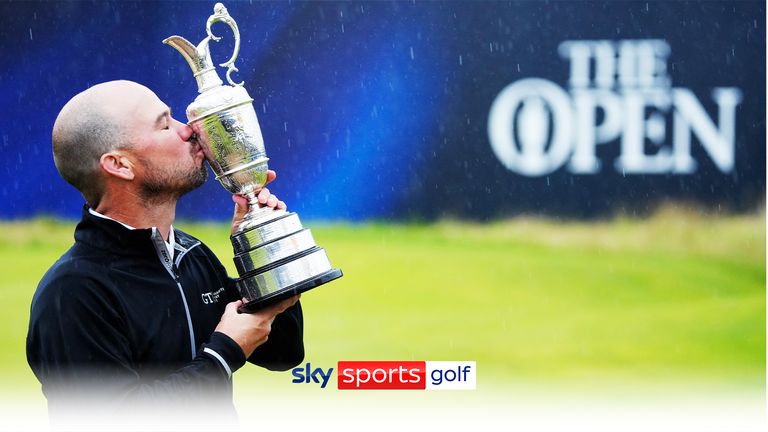 United States&#39; Brian Harman poses for the media as he holds the Claret Jug trophy for winning the British Open Golf Championships at the Royal Liverpool Golf Club in Hoylake, England, Sunday, July 23, 2023.