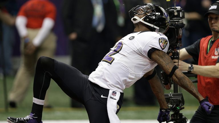  Baltimore Ravens wide receiver Jacoby Jones reacting after returning a kickoff for a over 100-yards for a touchdown during the second half of the Super Bowl  (AP Photo/Elaine Thompson, File)