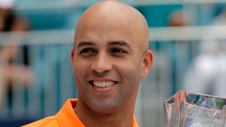 FILE - James Blake, director of the Miami Open tennis tournament, smiles after the singles final Saturday, March 30, 2019, in Miami Gardens, Fla. Miami Open tournament director and former Top 10 player James Blake was fined $56,250 for violating tennis's rules about betting sponsorship, the International Tennis Integrity Agency announced Wednesday, Feb. 21, 2024. (AP Photo/Lynne Sladky, File)